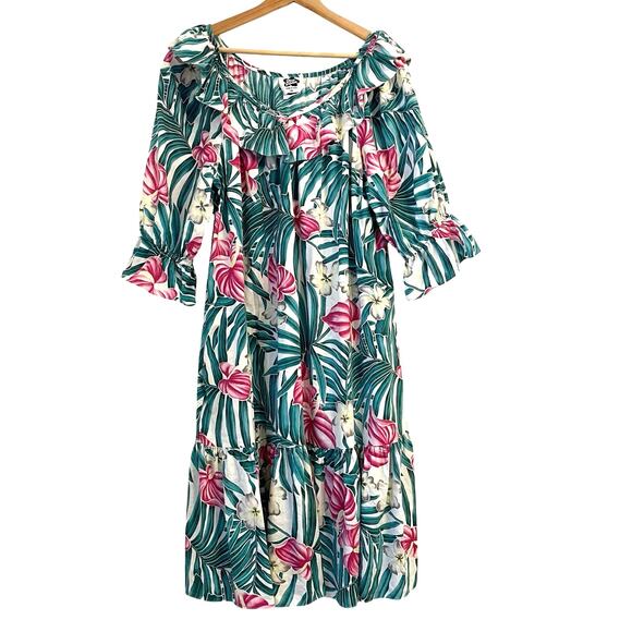 Vintage Hilo Hattie Tropical Print Dress XL Hawaii Palm Leaf Floral Muumuu Midi - Picture 1 of 11
